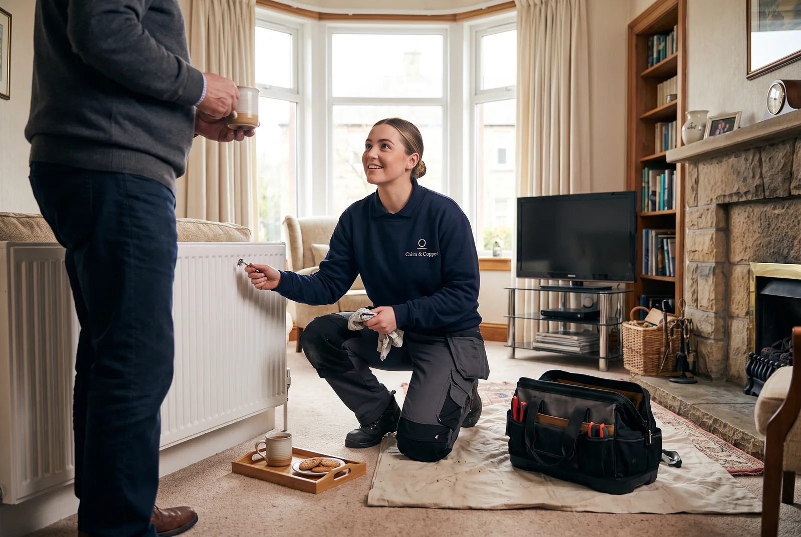 A Cairn & Copper plumber kneeling at a radiator in a living room, looking up to explain something to the homeowner.
