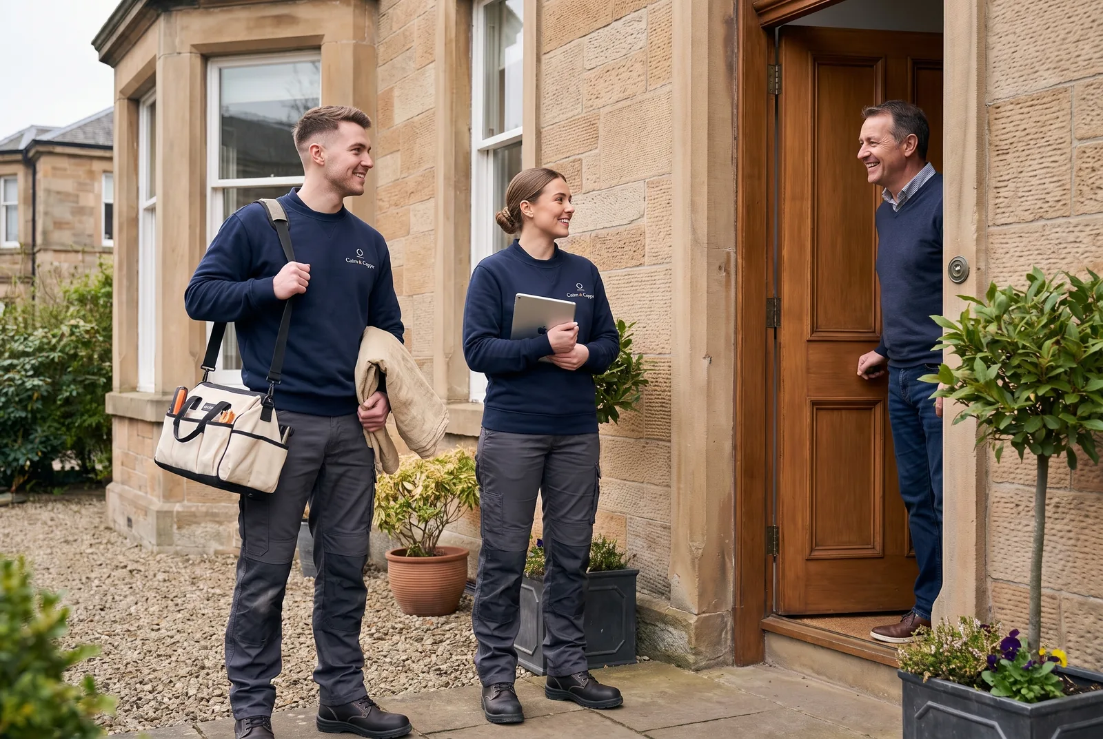Two Cairn & Copper plumbers in navy uniform arriving at a sandstone front door with a tool bag, a folded dust sheet and a tablet, greeted by the homeowner.