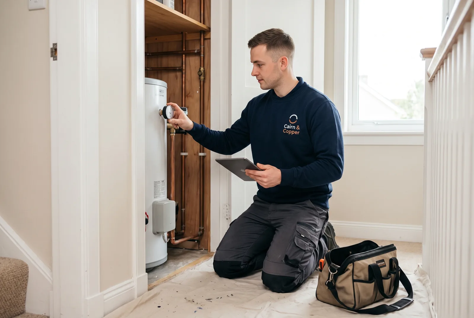 A Cairn & Copper plumber at an airing cupboard checking the gauge on a hot-water cylinder and noting the reading on a tablet.