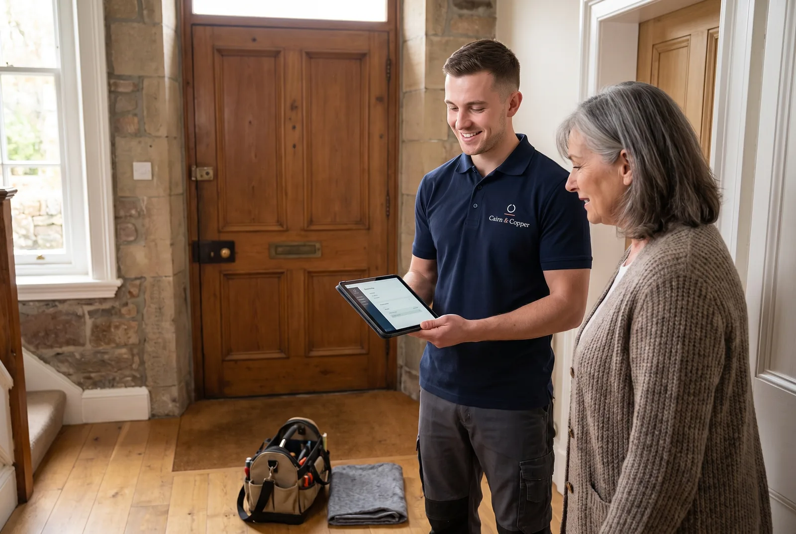 A Cairn & Copper plumber in the hallway showing the homeowner the record of the completed work on a tablet, with his bag packed and dust sheet folded.