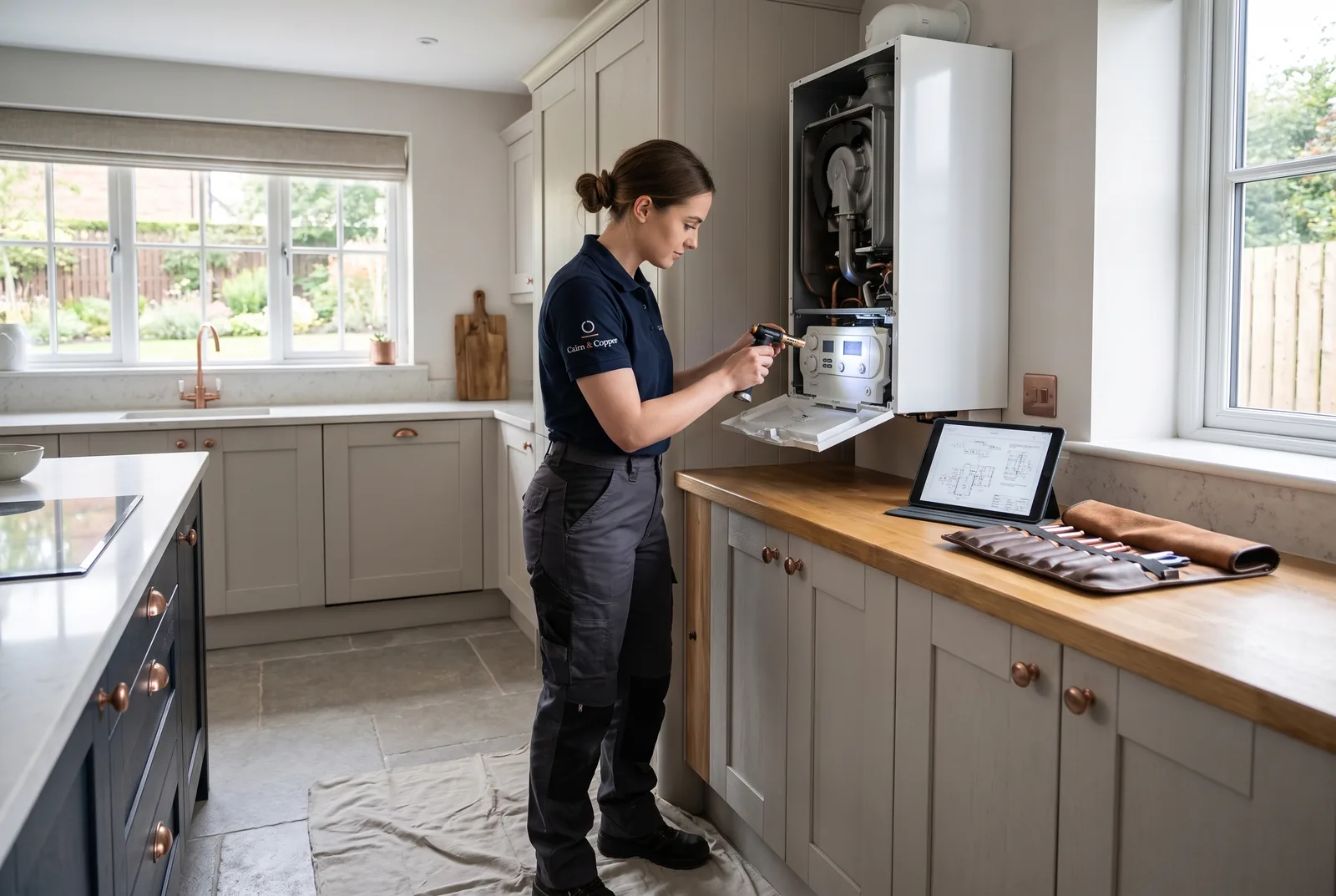 A Cairn & Copper plumber servicing a wall-mounted boiler in a bright kitchen, a tablet and tool roll on the worktop beside her.